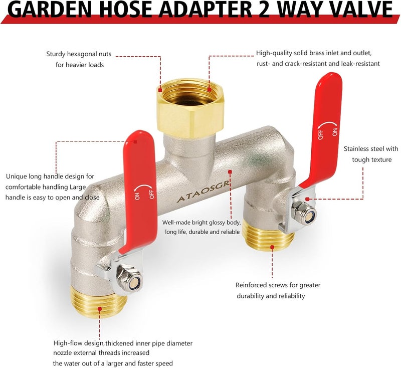 ATAOSGR Garden Hose Splitter, 2 Way Heavy Duty Outdoor Faucet Splitter, Extra Long Handles High Flow Hose Adapter,with Shutoff Valves,3/4" GHT Thread - Image 3